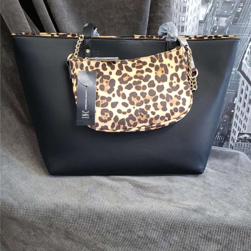 INC 2 in 1 Tote Black & Leopard